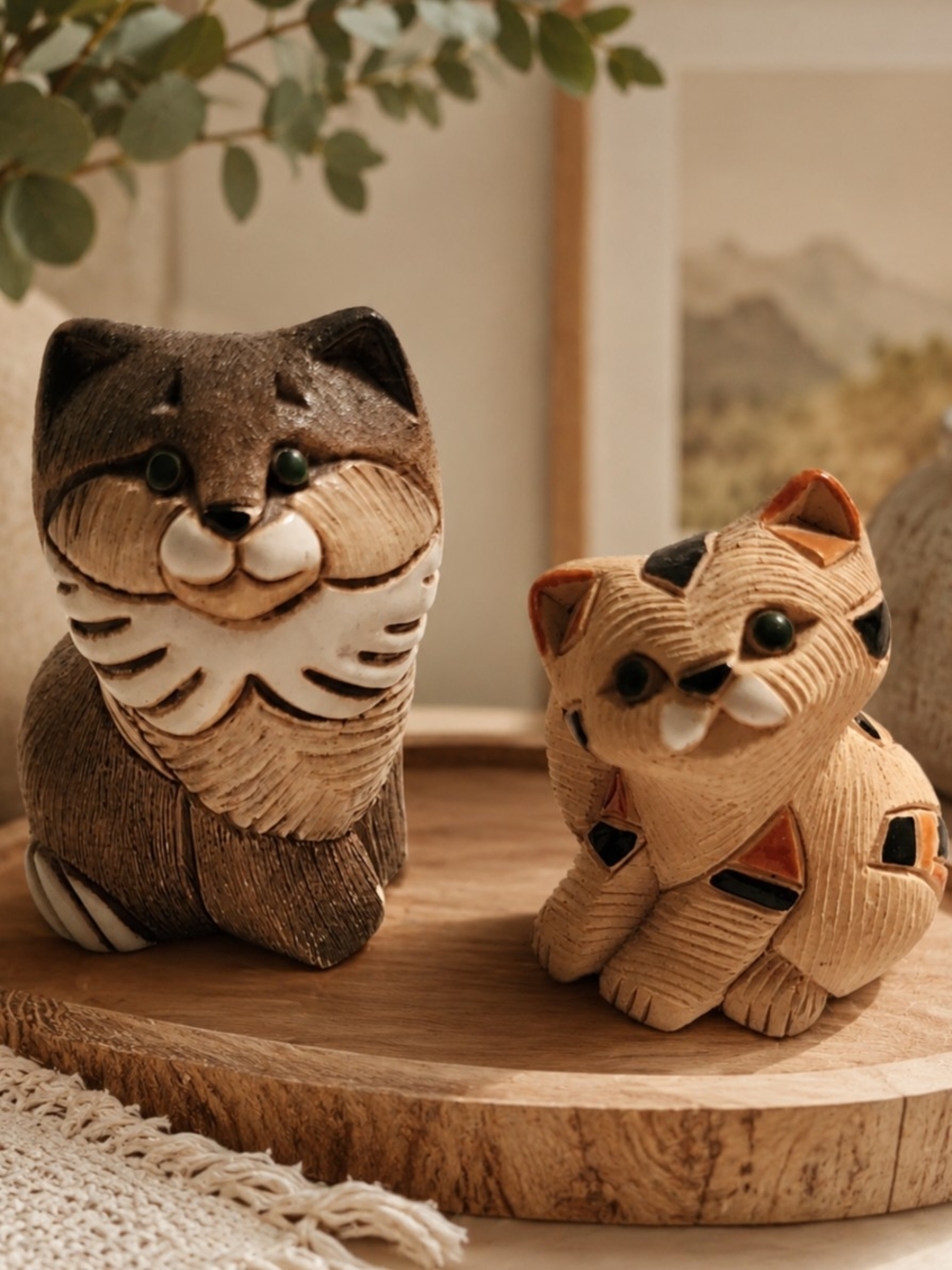 Artesania Rinconada Figure of Calico Cat Kitten & Grey Tabby Vintage Uruguay
